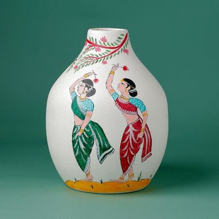 Handcrafted Ceramic Pattachitra Dancing Gopis Decorative Art Vase
